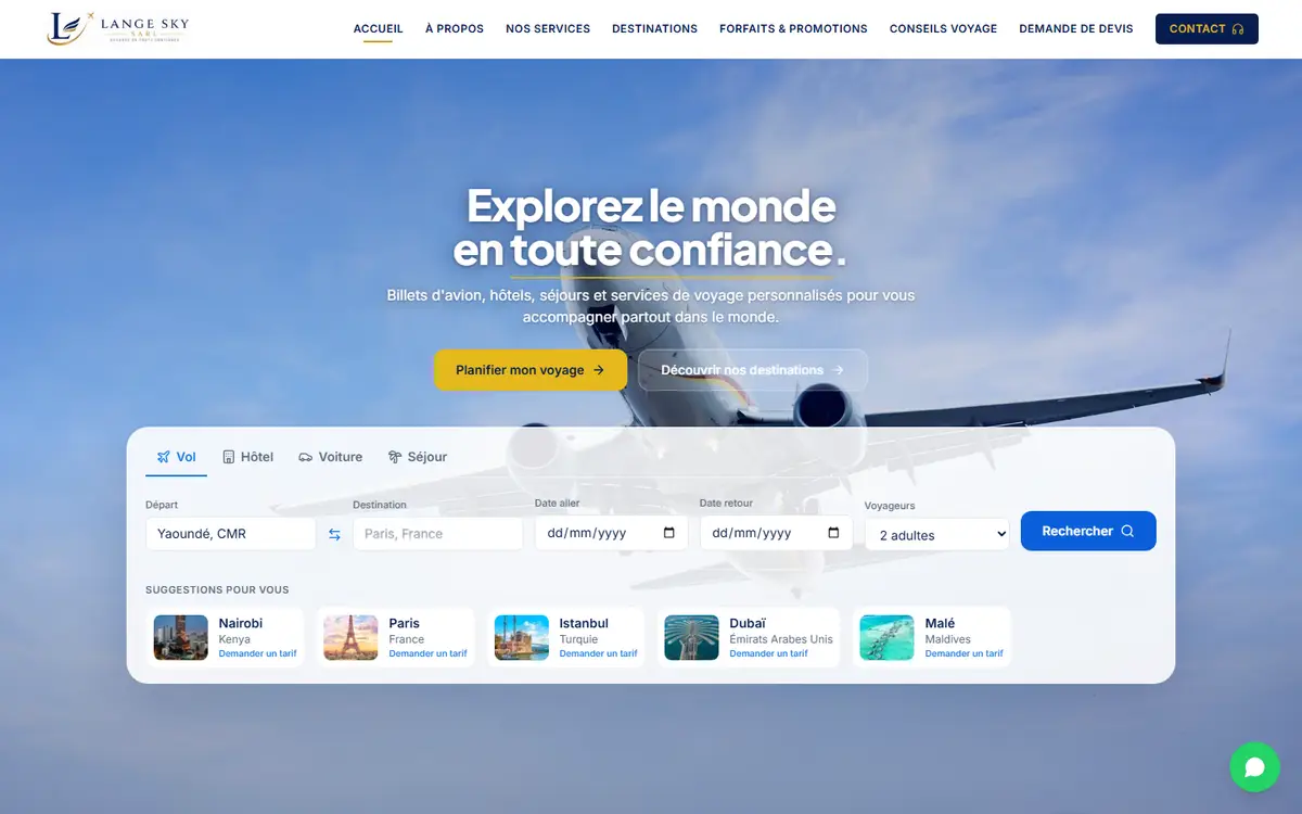 Capture d'écran du site Lange Sky SARL